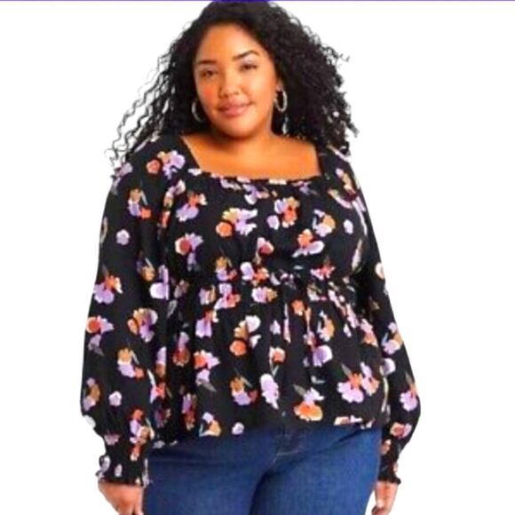 EC AVA & VIV SQUARE NECK LONG SLEEVE DRAWSTRING WAIST FLORAL BLOUSE SZ.3X - Picture 1 of 8